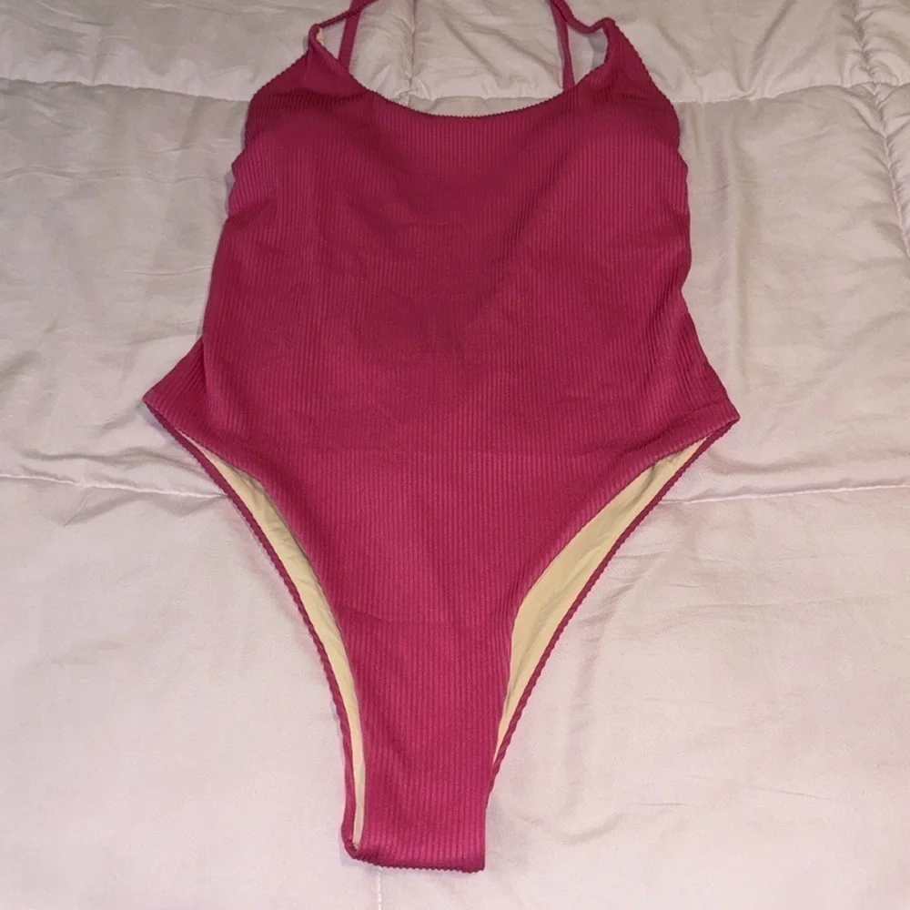 Zaful Pink Ribbed tie back one piece bathing suit swim suit